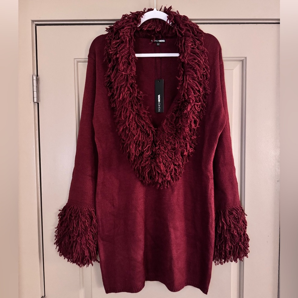 Fashion Nova Deep Wine V-Neck Fringe Knit Sweater